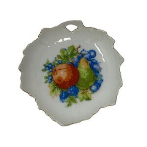 Vintage Gilded Gold Trinket Dish Plate Fruit Berries Leaf Shaped Collectible
